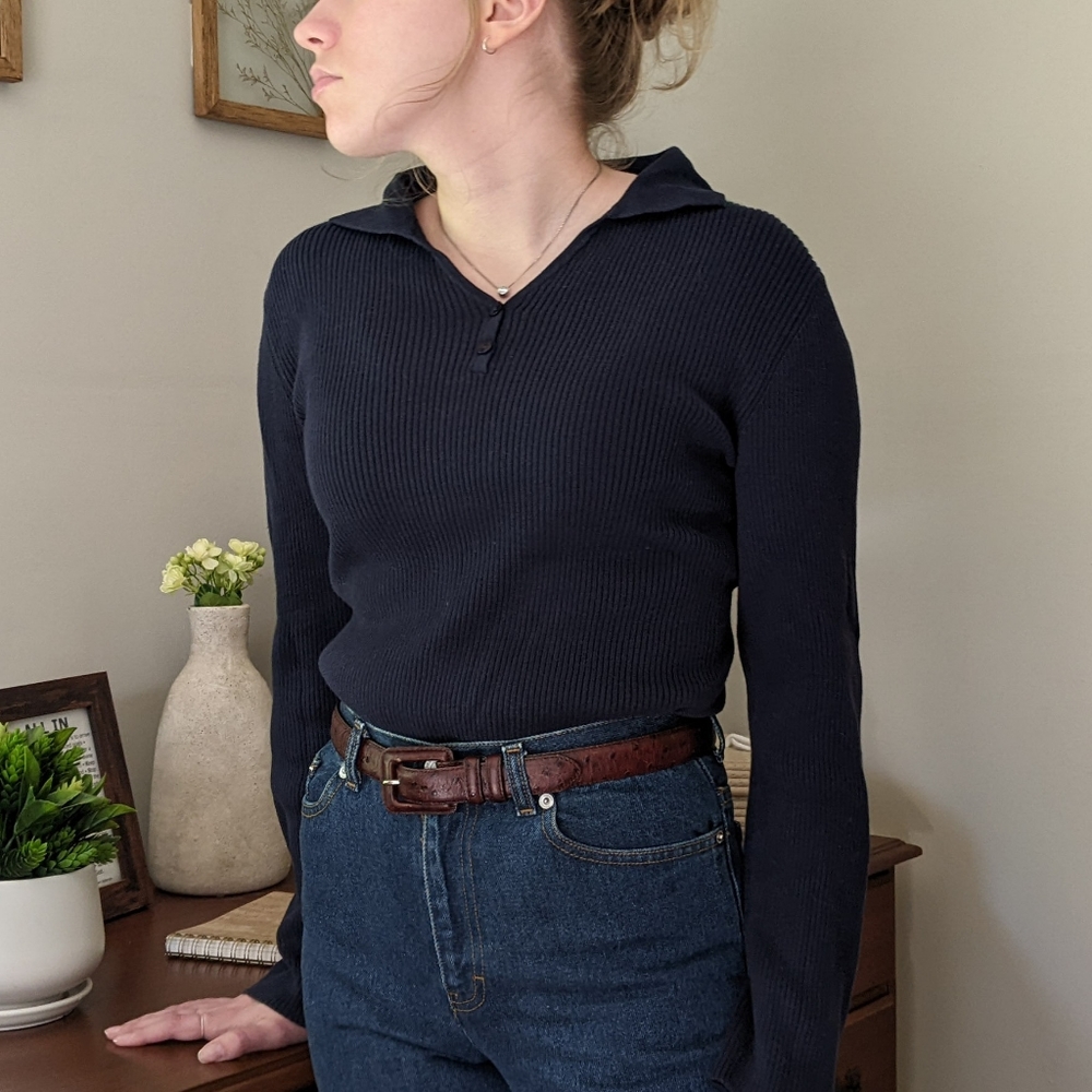Vintage Navy Blue Top Button Collared Shirt